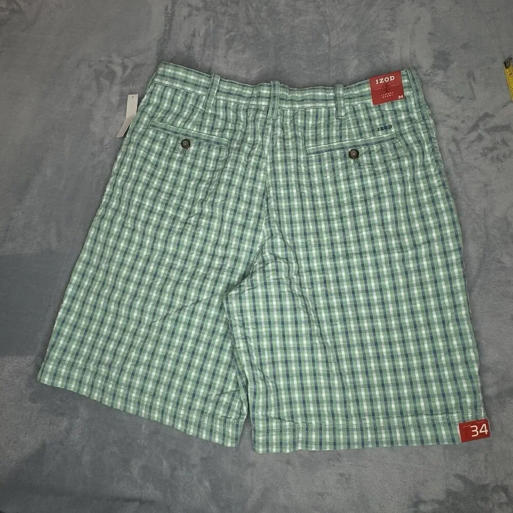 IZOD Men 34 Shorts Green Seersucker Plaid Luxury Sport Chino Golf Flat 9